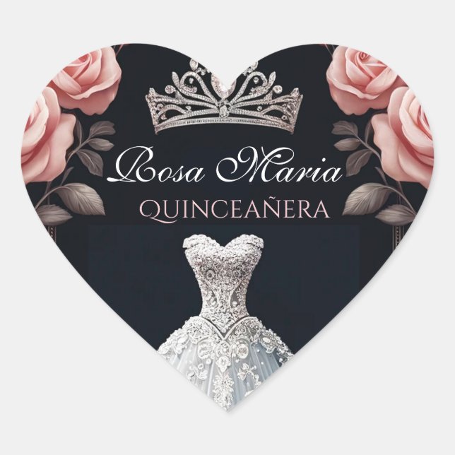 Schöne Spanische Rose Quinceñera Herz-Aufkleber (Vorderseite)