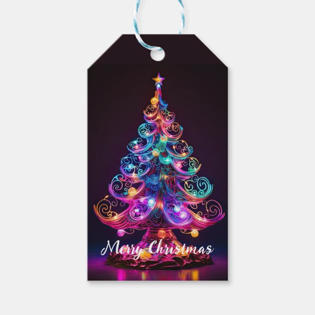 Schöne Sparkling Neon Christmas Tree Holiday Geschenkanhänger (Vorderseite)