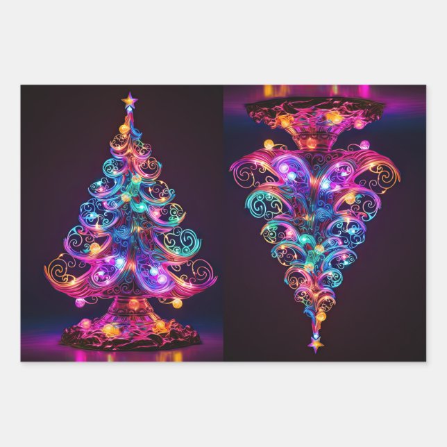 Schöne Sparkling Neon Christmas Tree Holiday Geschenkpapier Set (Vorderseite)