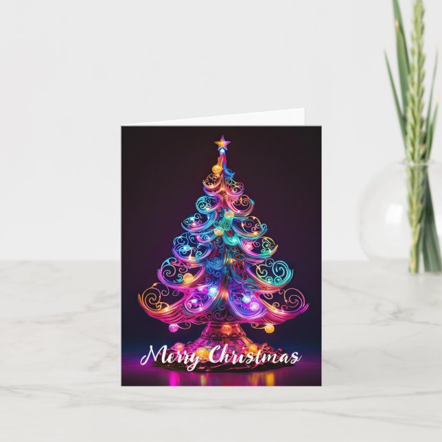 Schöne Sparkling Neon Christmas Tree Holiday Karte (Vorderseite)