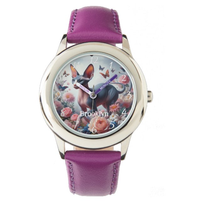 Schöne Sphynx Cat & Blume Armbanduhr (Vorderseite)