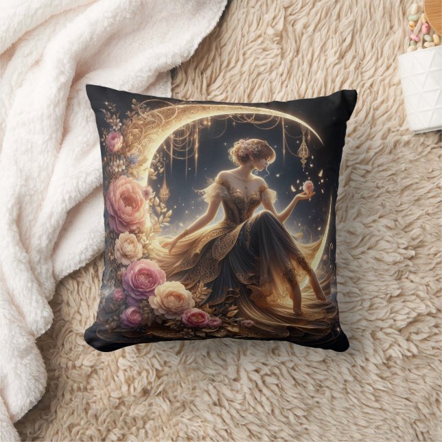 Schöne Steampunk-Frau auf dem Mond Kissen (Decke)