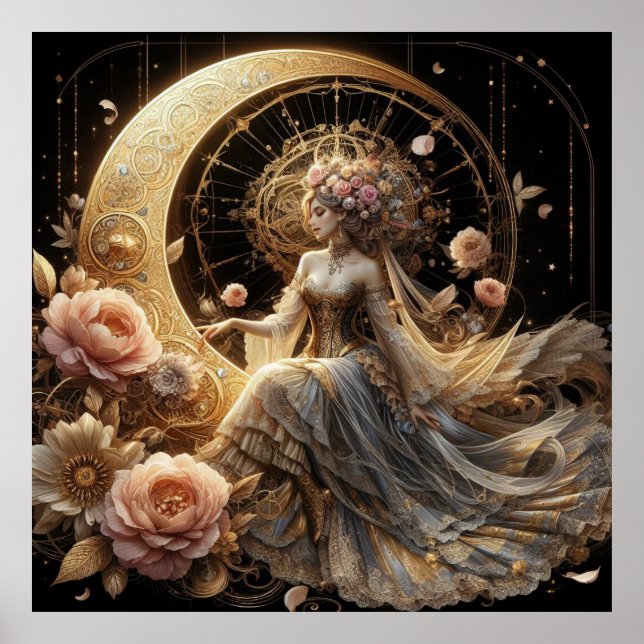 Schöne Steampunk-Frau auf dem Mond Poster (Vorne)
