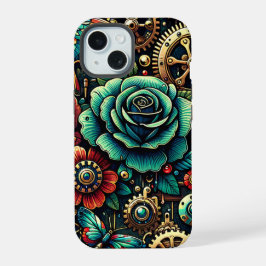 Schöne Steampunk Gears und Rose iPhone 15 Hülle
