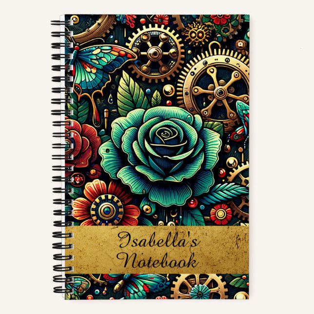 Schöne Steampunk Gears und Rose Notizbuch (Vorderseite)