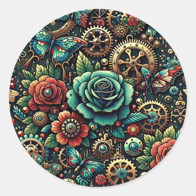 Schöne Steampunk Gears und Rose Runder Aufkleber (Vorderseite)
