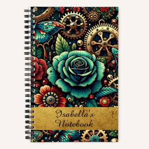 Schöne Steampunk-motiv Zahnräder und Rosen Notizbuch