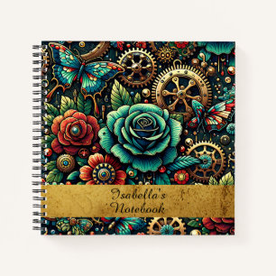 Schöne Steampunk-motiv Zahnräder und Rosen Notizbuch