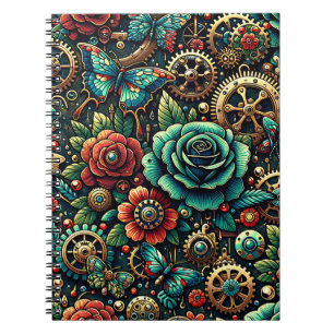 Schöne Steampunk-Themen-Zahnräder und Rosen   Notizblock