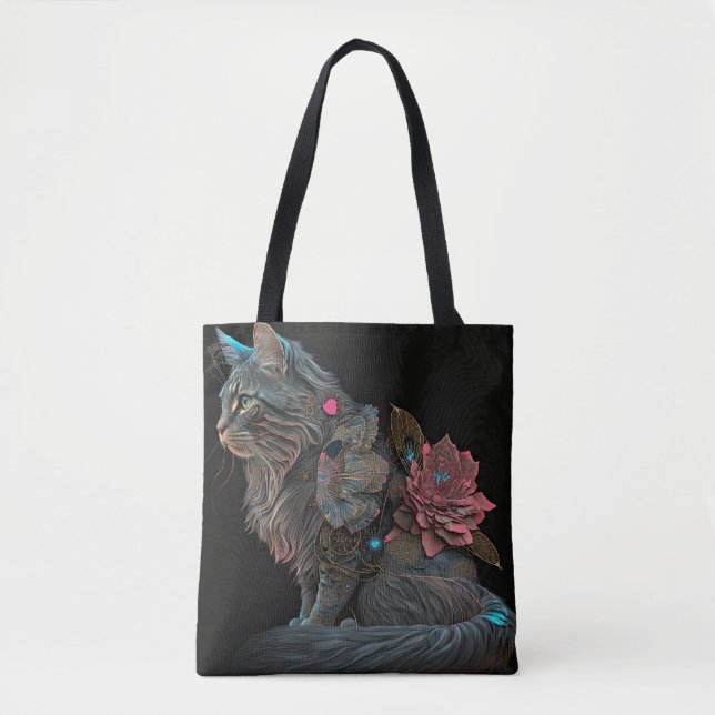 Schöne Steampunkatze mit rosa Blume Tasche (Vorderseite)