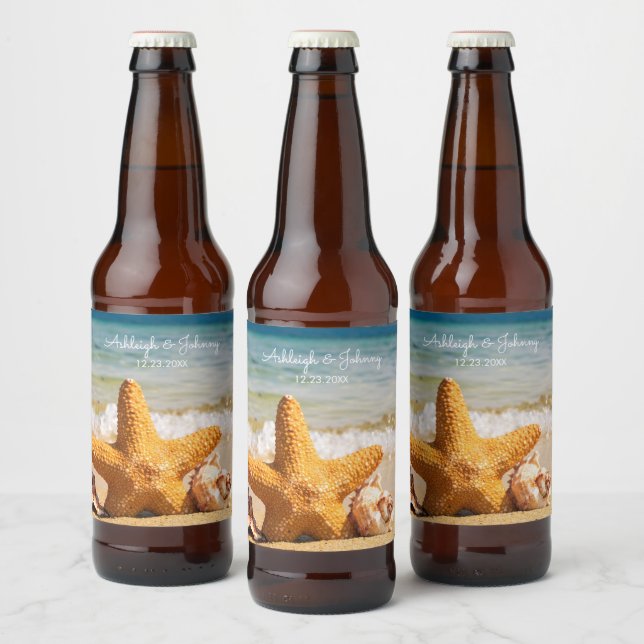 Schöne Strandlandschaft mit Starfish Wedding Bierflaschenetikett (Flaschen)