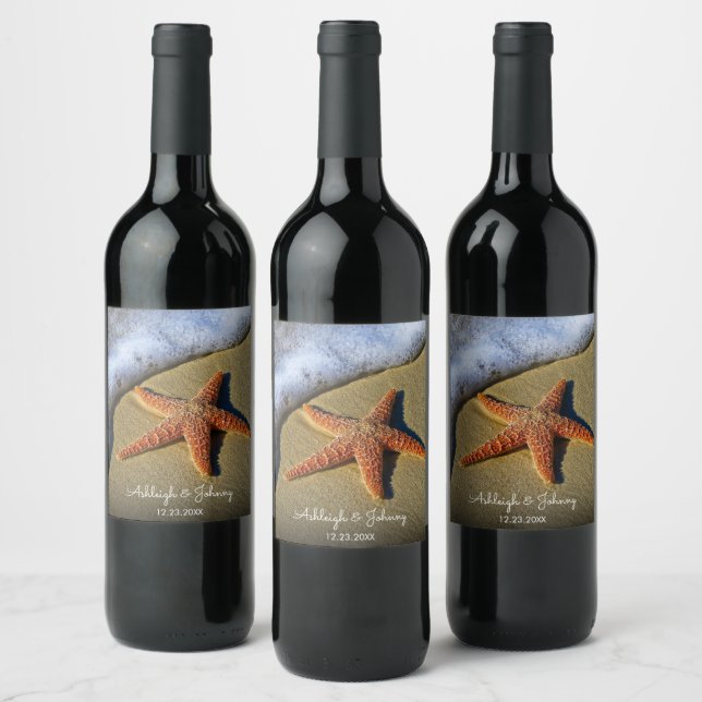 Schöne Strandlandschaft mit Starfish Wedding Wine  Weinetikett (Flaschen)