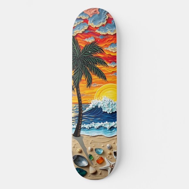 Schöne Strandszene mit Palmen   Skateboard (Vorderseite)