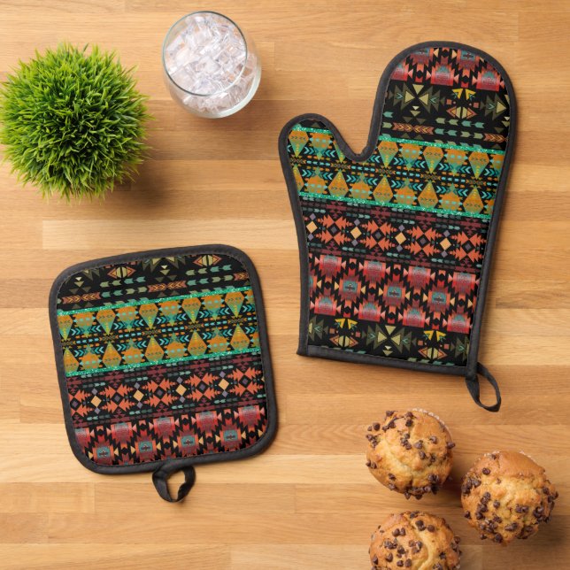 Schöne südwestliche Stilmuster Ofenhandschuh & Topflappen-Set (Oben Unten)