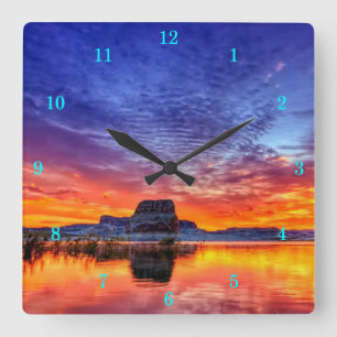 Schöne Sunset-Lake-Rock Formation Quadratische Wanduhr