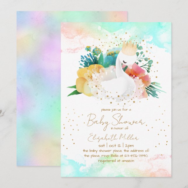 Schöne Swan Baby Girl Dusche Einladung (Vorne/Hinten)