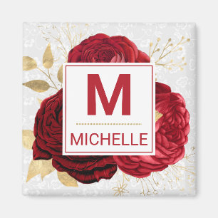 Schöne tiefe rote und goldene Blumenmonogramme Magnet