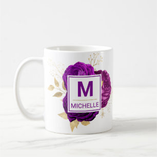 Schöne tiefviolette und goldene Blumenmonogramm Kaffeetasse