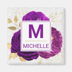 Schöne tiefviolette und goldene Blumenmonogramm Magnet