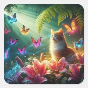 Schöne traumhafte Schmetterlinge & Katze Quadratischer Aufkleber