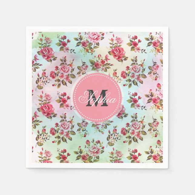 Schöne trendige, mädchenhaft Vintage Monogramm-Ros Serviette (Vorderseite)