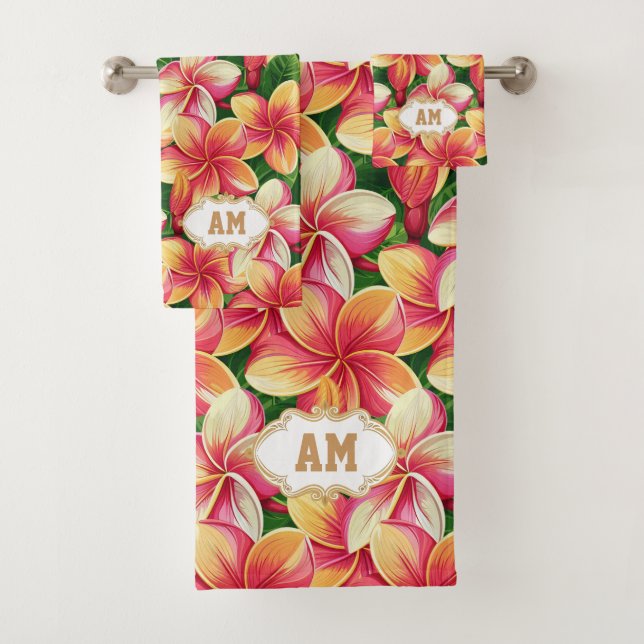 Schöne tropisch rosa Blume und Monogramm Badhandtuch Set (Insitu)