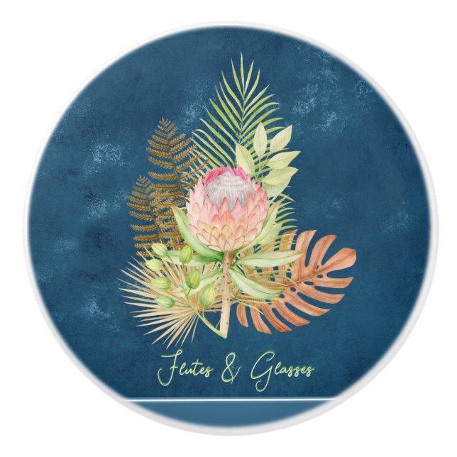 Schöne tropische Blume auf Batik-Blau-Zoll Keramikknauf (Vorderseite)