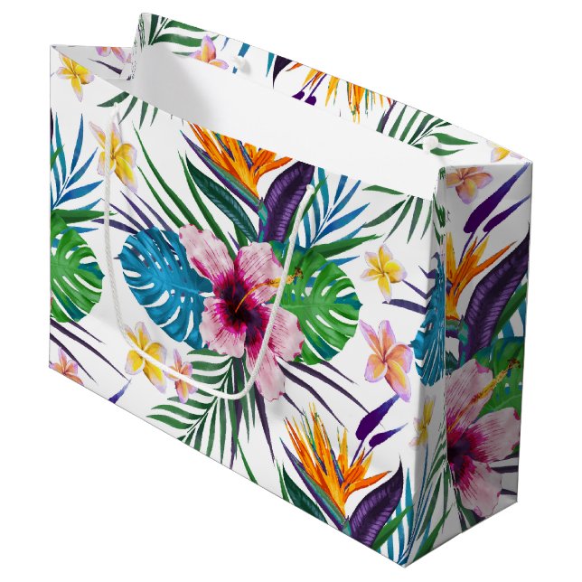 Schöne tropische Blumenfarben Wasserfarben Große Geschenktüte (Vorderseite Schrägansicht)