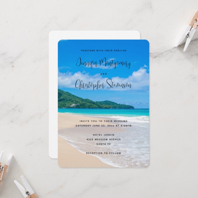Schöne tropische Destination Sandy Beach Wedding Einladung (Vorderseite/Rückseite Beispiel)