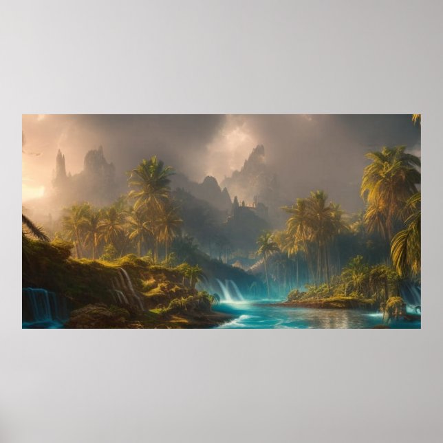 Schöne Tropische Dschungelpalmen und Fluss 1 Poster (Vorne)