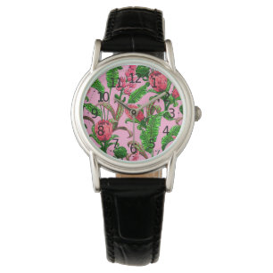 Schöne tropische grüne Blätter mit roten Blume   Armbanduhr