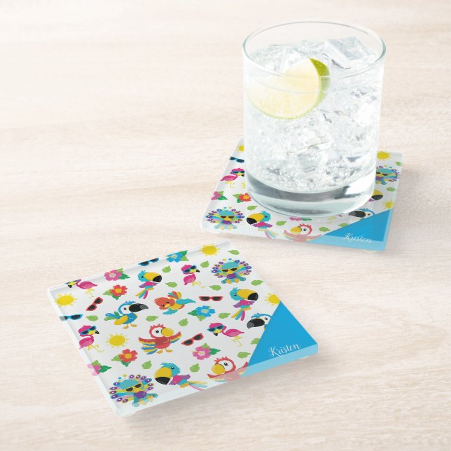 Schöne tropische Vögel farbenfrohe Paradies Muster Glasuntersetzer (Schrägansicht)