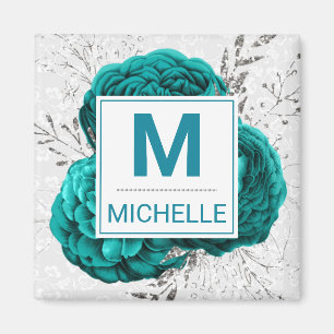 Schöne Türkis- und Silber-Glitter-Blumen-Monogramm Magnet
