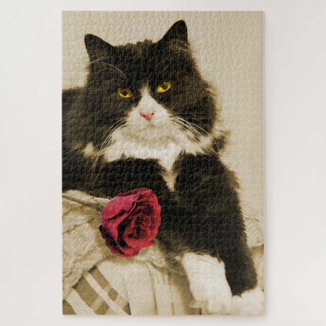 Schöne Tuxedo Katze mit Rote Rose auf Sepia (Vertikal)