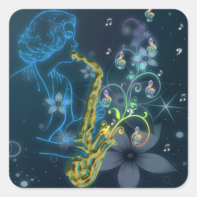 Schöne und coole blühende Dame spielt Musik Quadratischer Aufkleber (Vorderseite)