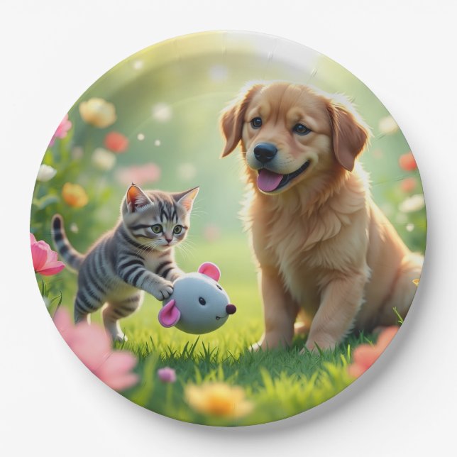 Schöne und hübsche Design-Katze und Hund auf  Pappteller (Vorderseite)