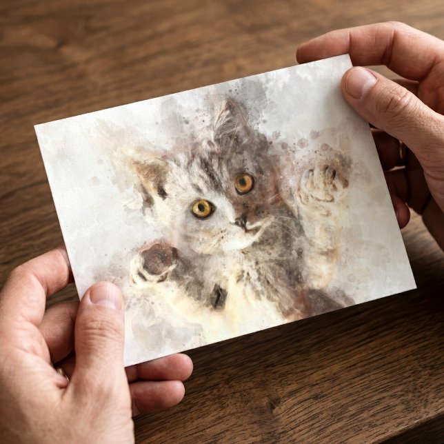 Schöne und niedliche Kätzchenfarbe Postkarte (Playful Watercolor Kitten with Bright Amber Eyes. Postcard)