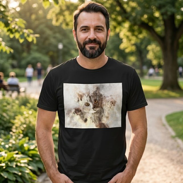 Schöne und niedliche Kätzchenfarbe T-Shirt (Playful Watercolor Kitten with Bright Amber Eyes. Men Basic Black T-Shirt)