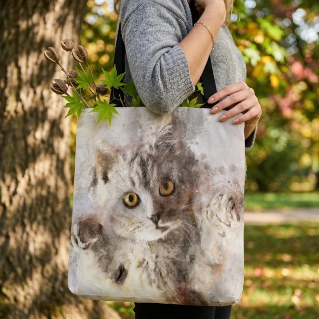 Schöne und niedliche Kätzchenfarbe Tasche (Playful Watercolor Kitten with Bright Amber Eyes. Tote Bag)