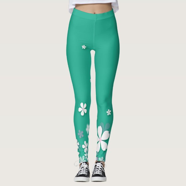 schöne und niedliche weiße Blume, grüne Leggings (Vorderseite)