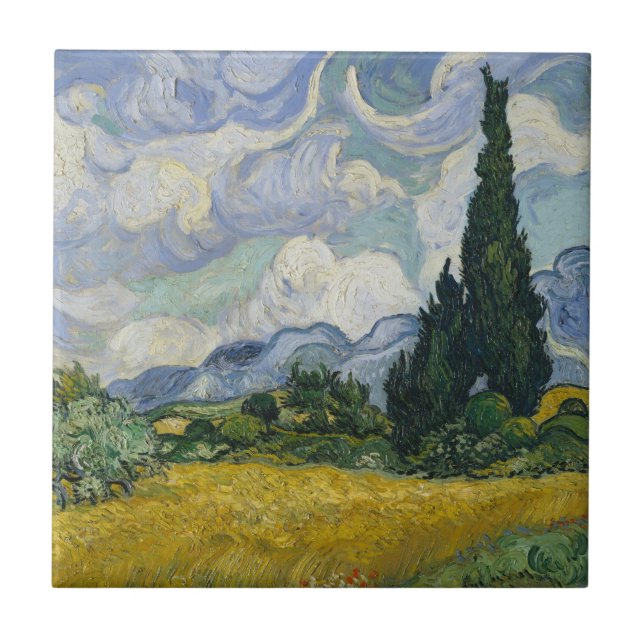 Schöne Van Gogh-Weizenfelder mit Zypressen Fliese (Vorderseite)