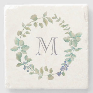 Schöne Vegetation Wasserfarben und Monogramm Steinuntersetzer