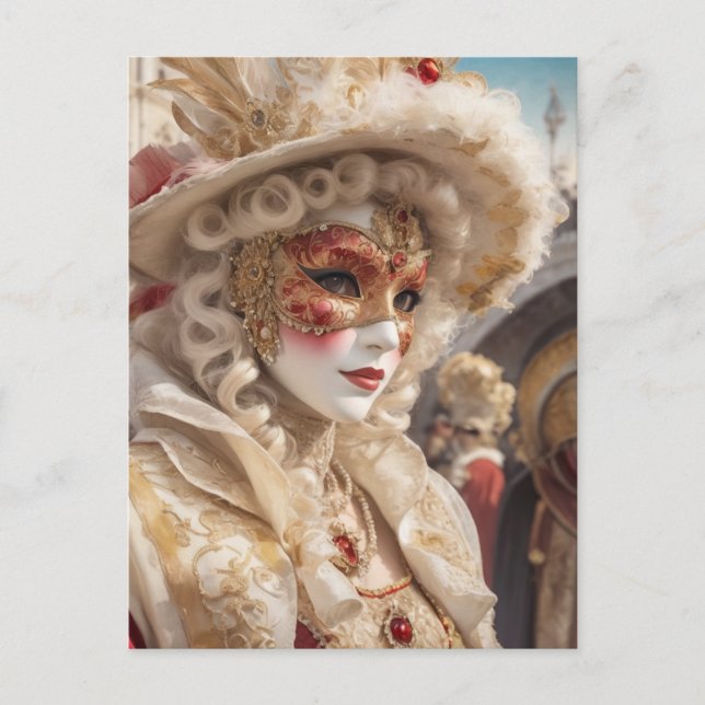 Schöne venezianische Karnevalsmaske Rot Weiß Postkarte (Vorderseite)