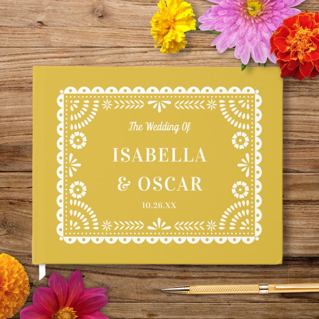 Schöne Verzierte Papel Picado Gelbe Hochzeit Gästebuch (Von Creator hochgeladen)