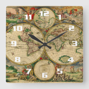 Schöne Vintage alte Weltkarten Quadratische Wanduhr