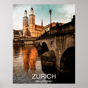 Schöne Vintage-Ansicht von Zürich Schweiz Poster