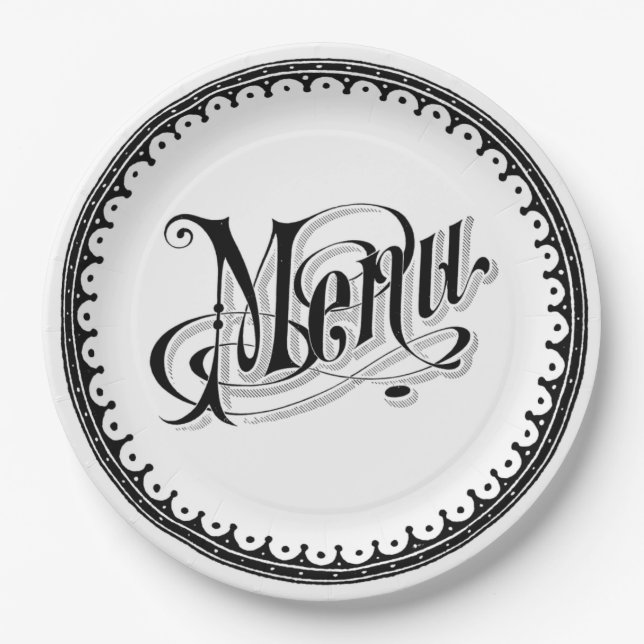 Schöne Vintage antike Menüschrift Pappteller (Vorderseite)