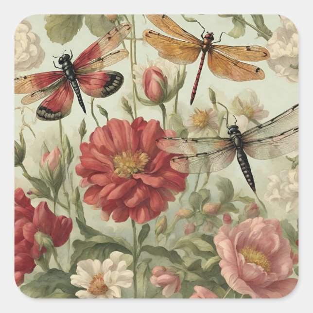 Schöne Vintage Blume und Libellen Quadratischer Aufkleber (Vorderseite)