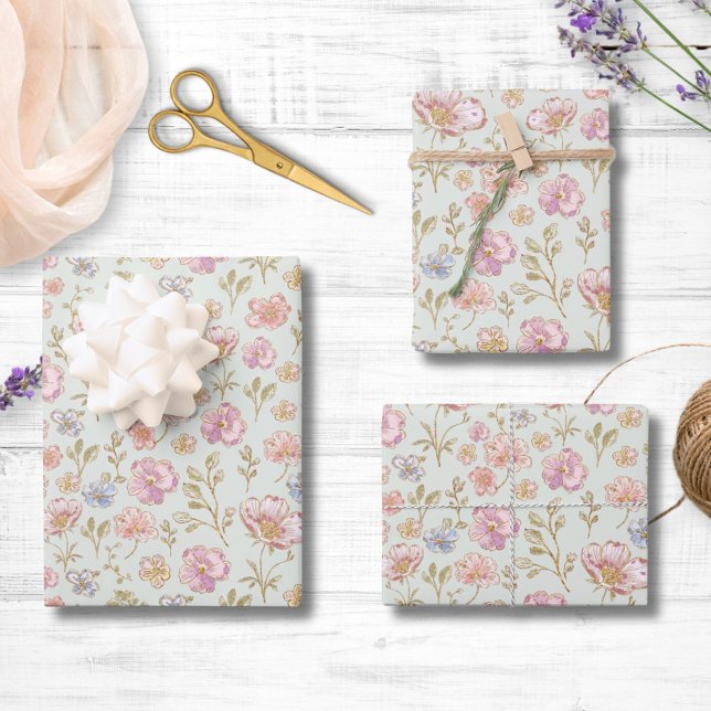 Schöne Vintage-Blumen Blumenmuster Geschenkpapier Set (In situ)