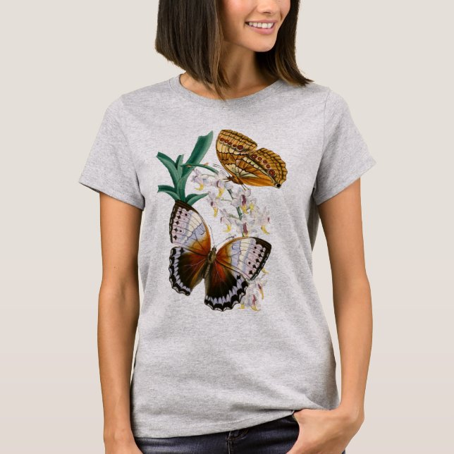 Schöne Vintage Blütenschmetterlingsdarstellung T-Shirt (Vorderseite)